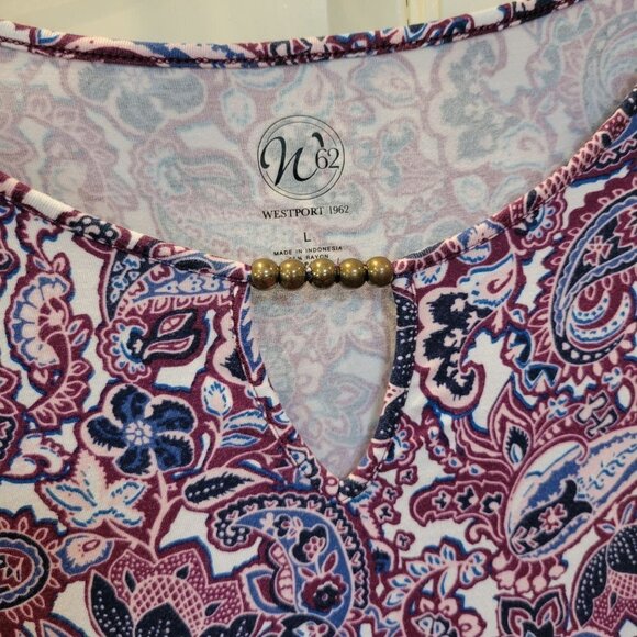 Westport 1962 Sz L SS Floral Beaded Keyhole Neckline Rayon Blend Stretch Blouse - Picture 2 of 6